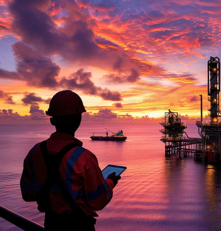 sunset over an offshore petroleum platform